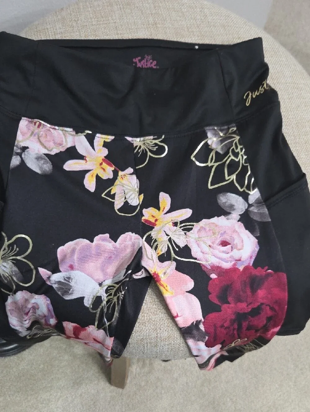Justice Black Floral Leggings with Pink & Burgundy Flowers